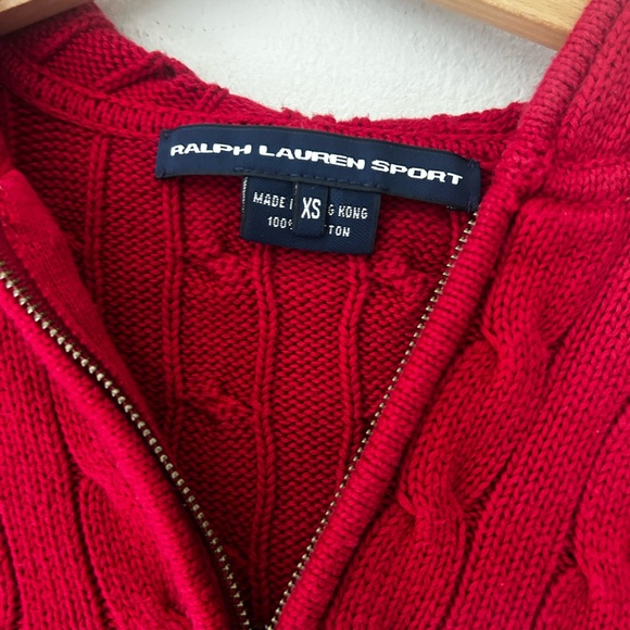 Y2K Ralph Lauren Sport XS Red Cable Knit Zip Up Hoodie Sweater - Picture 2 of 6